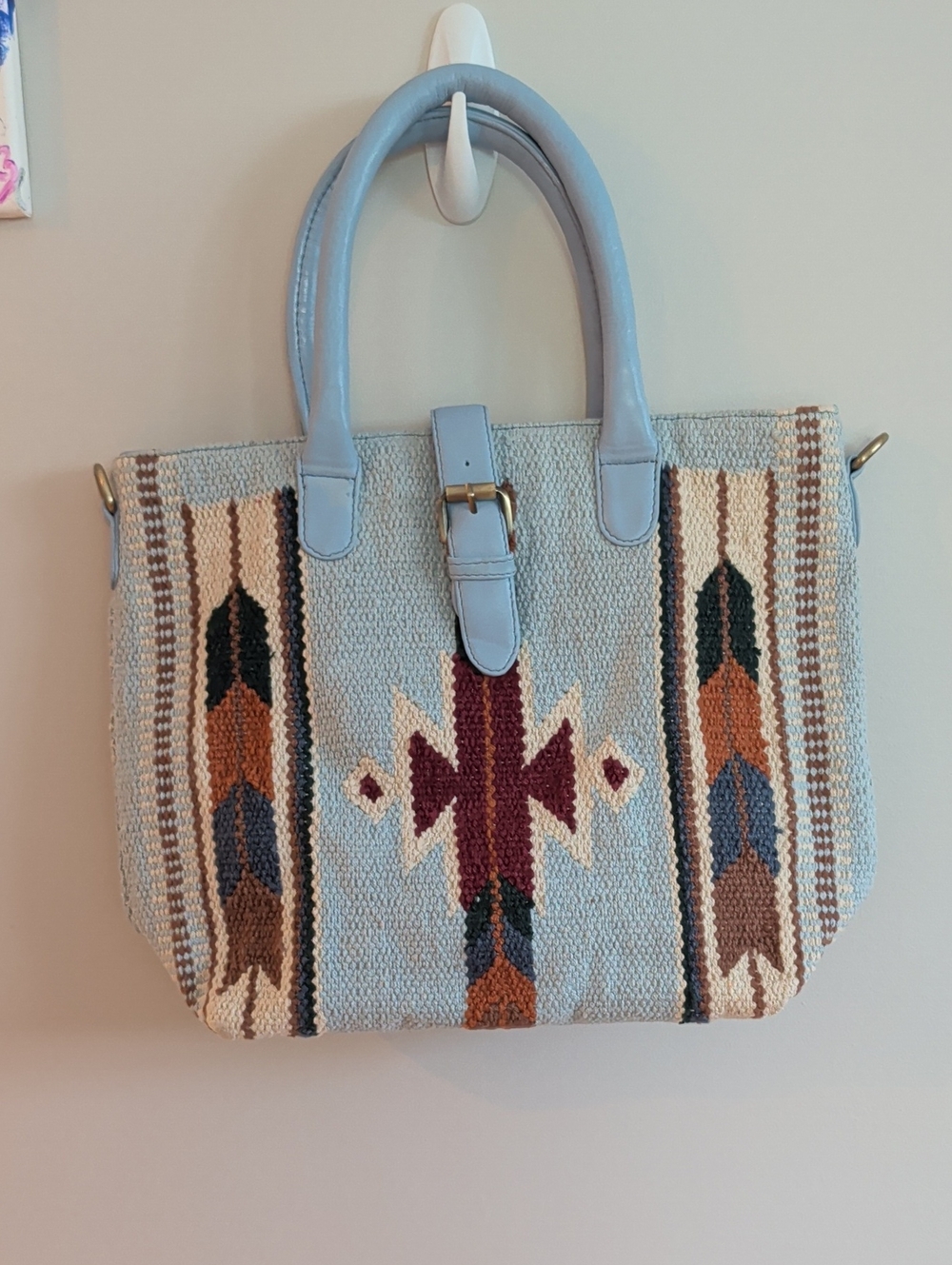 Woven Southwestern Pattern Tote Bag in Light Blue